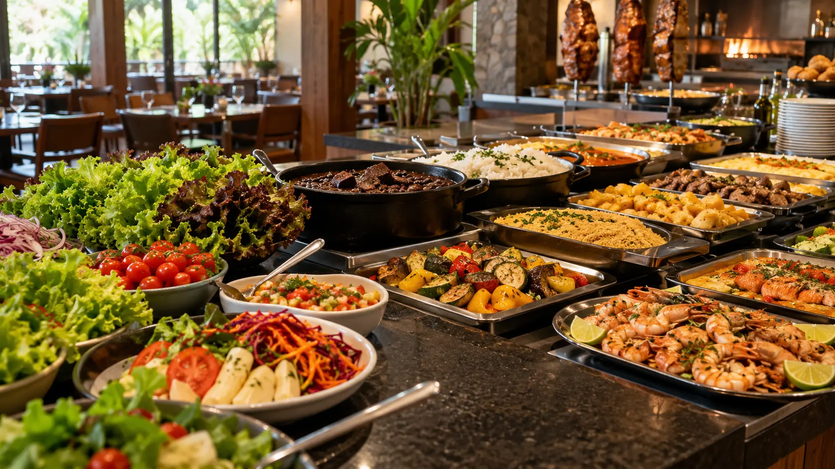Buffet com saladas, pratos quentes e frutos do mar